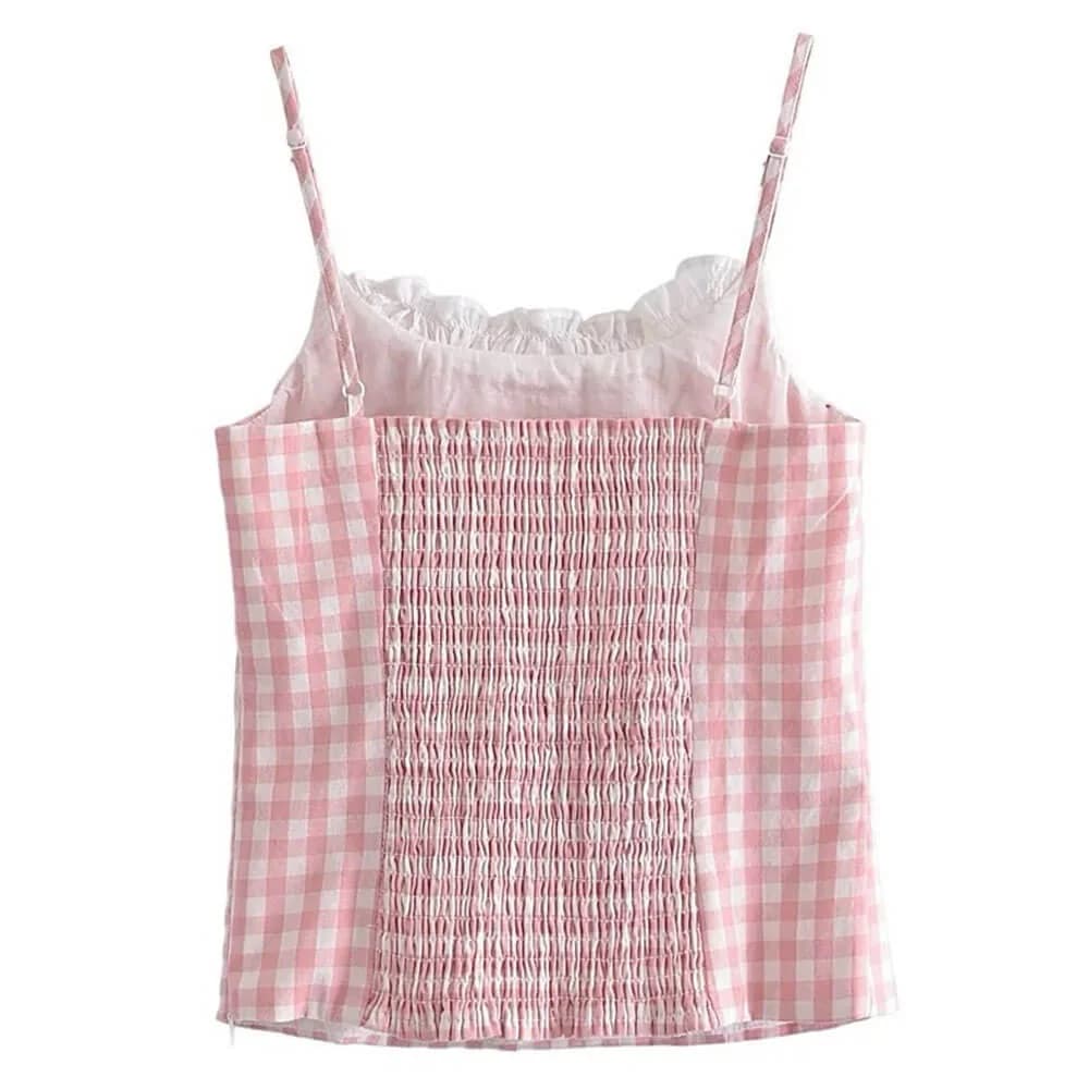 Pink Gingham Lace Trim Cami Top — view 2 Pink Gingham Lace Trim Cami Top — view 2