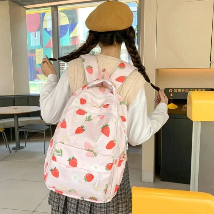 Pastel Strawberry Print Backpacks — view 2 Pastel Strawberry Print Backpacks — view 2