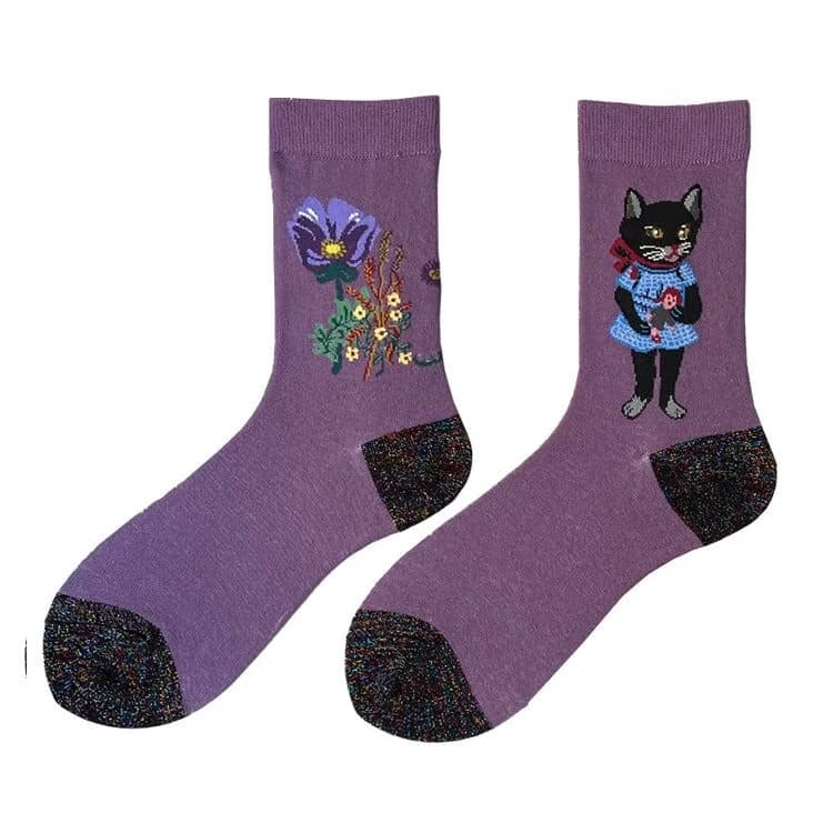 Purple Flower & Cat Aesthetic Socks — view 1 Purple Flower & Cat Aesthetic Socks — view 1