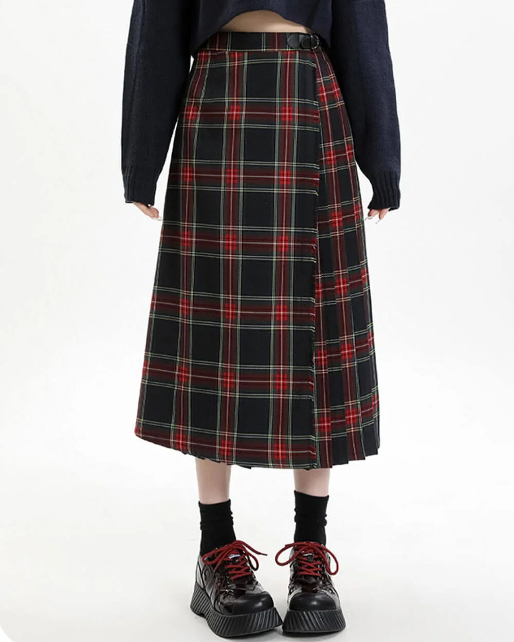 Black and Red Plaid Midi Skirt — view 2 Black and Red Plaid Midi Skirt — view 2