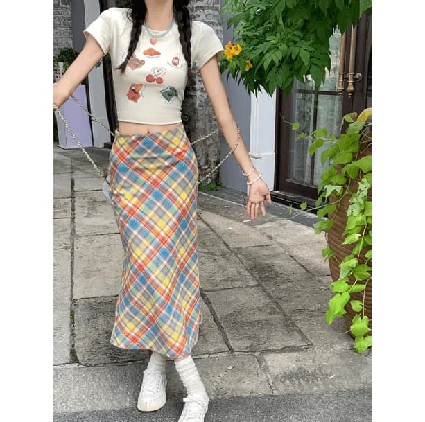 Midi Plaid Rainbow Skirt — view 2 Midi Plaid Rainbow Skirt — view 2