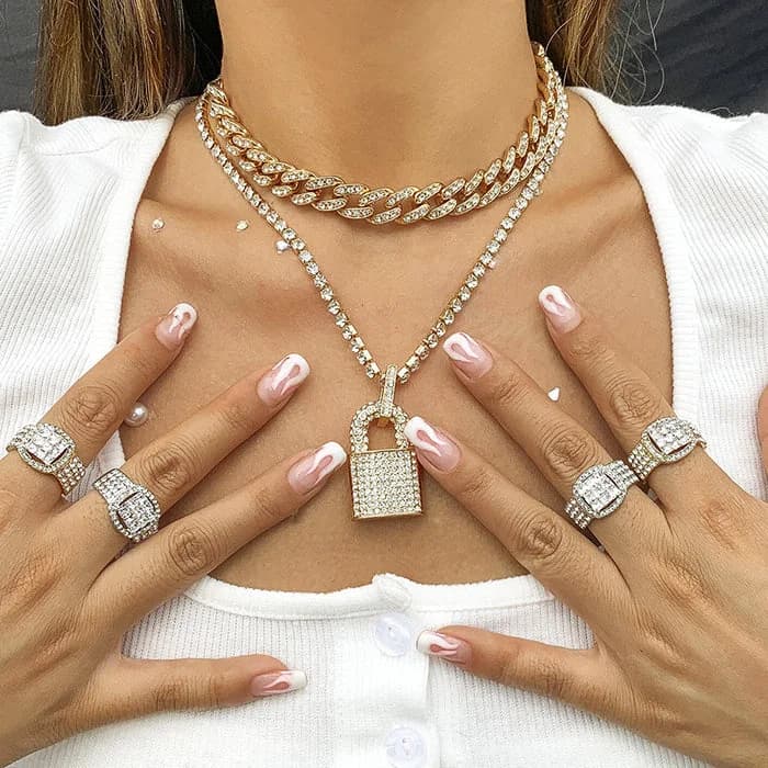 Y2K Rhinestone Lock Necklace — view 2 Y2K Rhinestone Lock Necklace — view 2