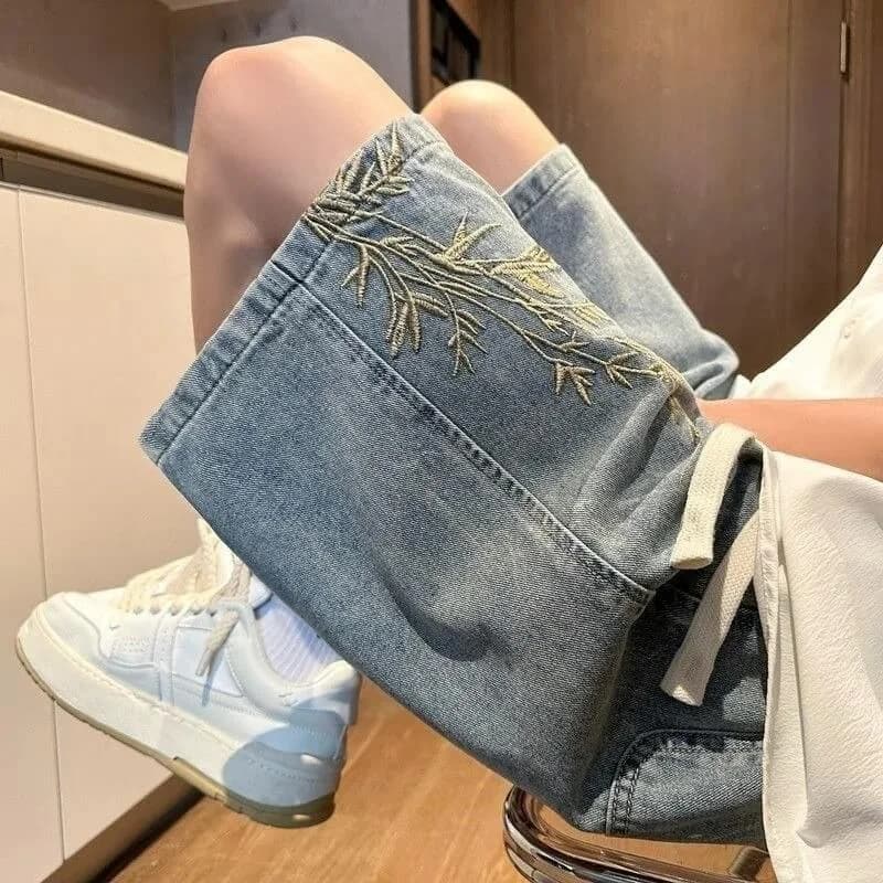 Y2K Floral Embroidered Denim Shorts — view 1 Y2K Floral Embroidered Denim Shorts — view 1