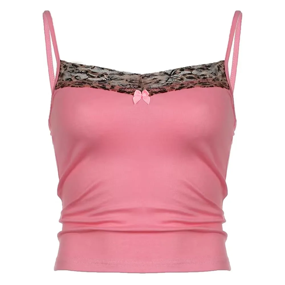 Leopard Trim Pink Y2K Tank Top — view 1 Leopard Trim Pink Y2K Tank Top — view 1