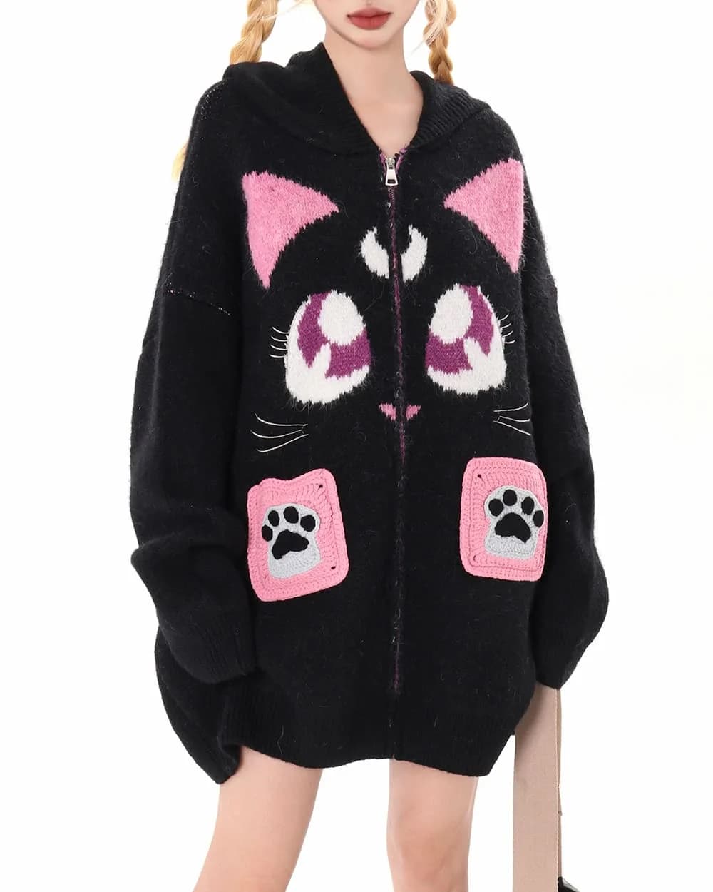 Black Cat Knit Zip Up Hoodie — view 1 Black Cat Knit Zip Up Hoodie — view 1