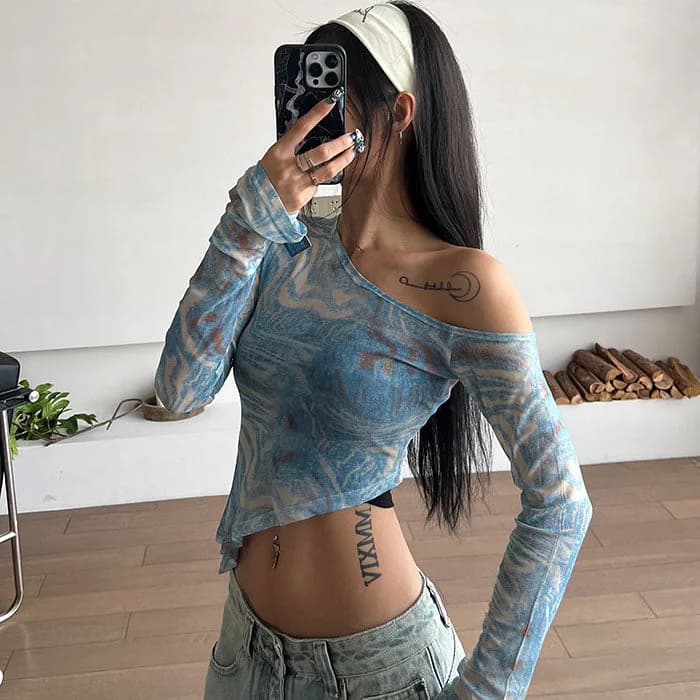 Blue Marble Asymmetrical Crop Top — view 2 Blue Marble Asymmetrical Crop Top — view 2