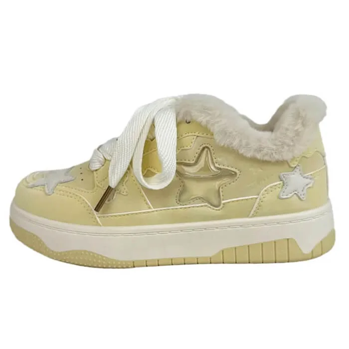 Pastel Yellow Star Fur-Lined Sneakers — view 1 Pastel Yellow Star Fur-Lined Sneakers — view 1