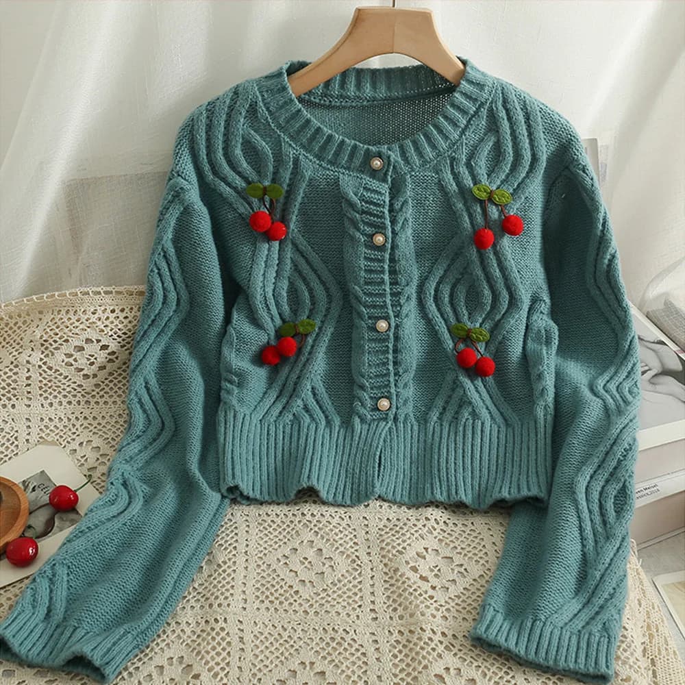Cherry Knitted Cropped Cardigan — view 2 Cherry Knitted Cropped Cardigan — view 2