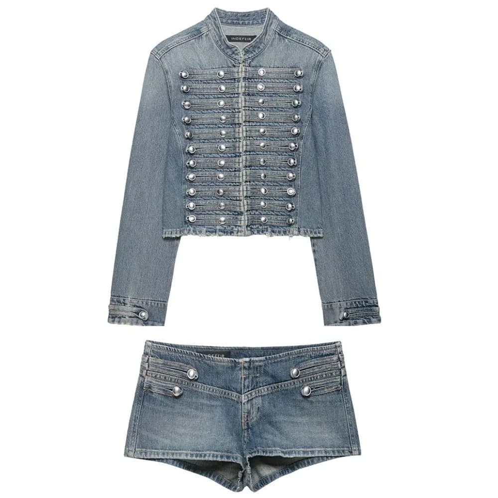 Model Casting Frogging Denim Jacket & Shorts Set — view 1 Model Casting Frogging Denim Jacket & Shorts Set — view 1