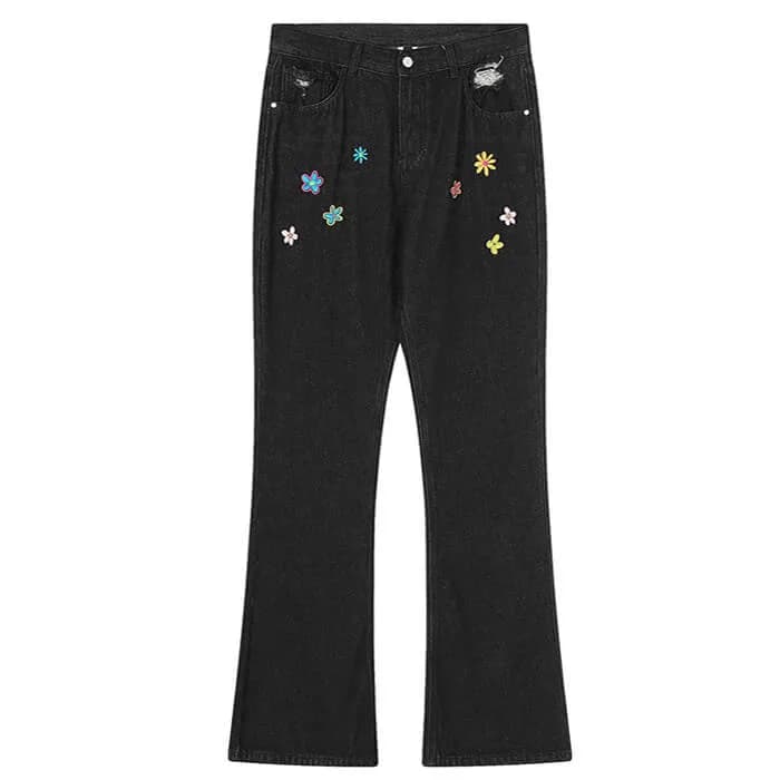 Indie Aesthetic Flower Embroidery Jeans — view 2 Indie Aesthetic Flower Embroidery Jeans — view 2