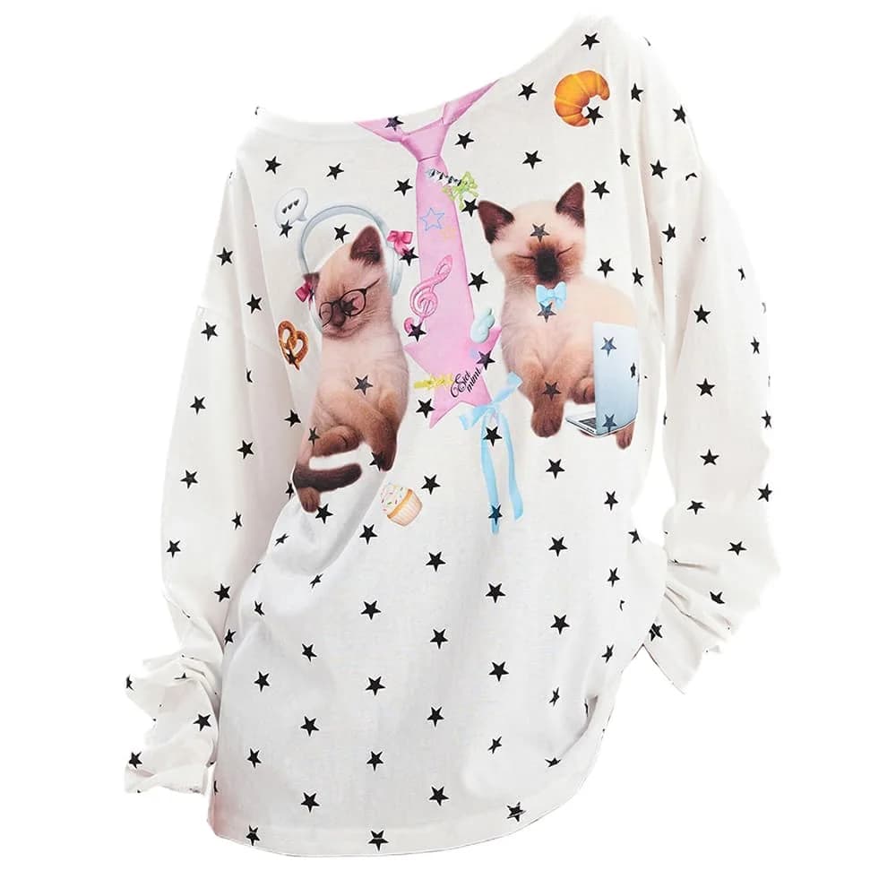 Kitten Print Star Long Sleeve Top — view 1 Kitten Print Star Long Sleeve Top — view 1