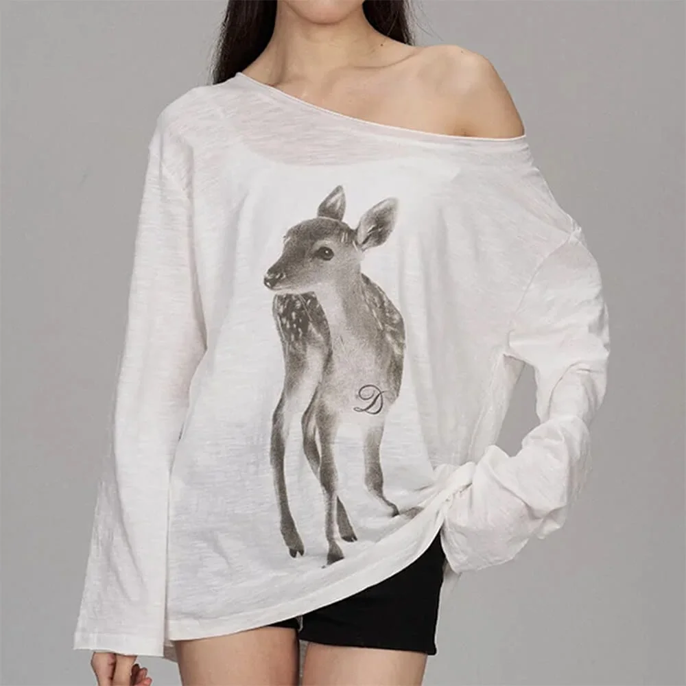 Y2K Deer Print One-Shoulder Top — view 2 Y2K Deer Print One-Shoulder Top — view 2