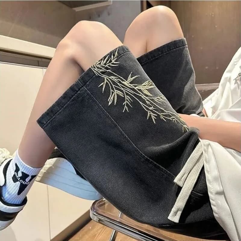 Y2K Floral Embroidered Denim Shorts — view 2 Y2K Floral Embroidered Denim Shorts — view 2