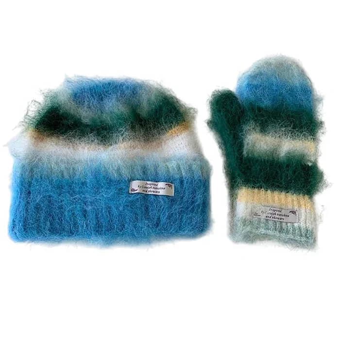 Fuzzy Striped Beanie Hat & Gloves Set — view 1 Fuzzy Striped Beanie Hat & Gloves Set — view 1