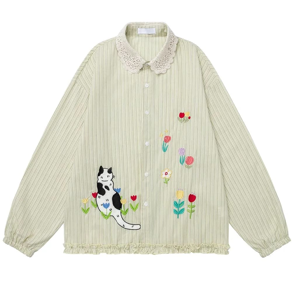 Green Cottagecore Cat & Flower Embroidery Shirt — view 1 Green Cottagecore Cat & Flower Embroidery Shirt — view 1