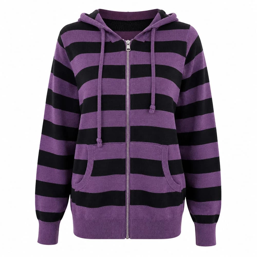 Purple & Black Striped Lightweight Knit Hoodie — view 1 Purple & Black Striped Lightweight Knit Hoodie — view 1
