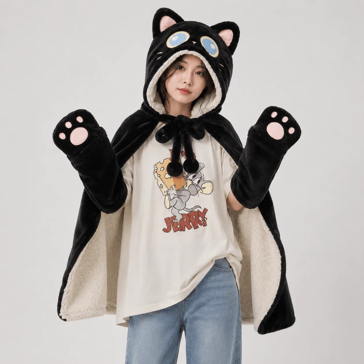 Black Cat Green Dino Plush Cape Hoodie Blanket — view 2 Black Cat Green Dino Plush Cape Hoodie Blanket — view 2