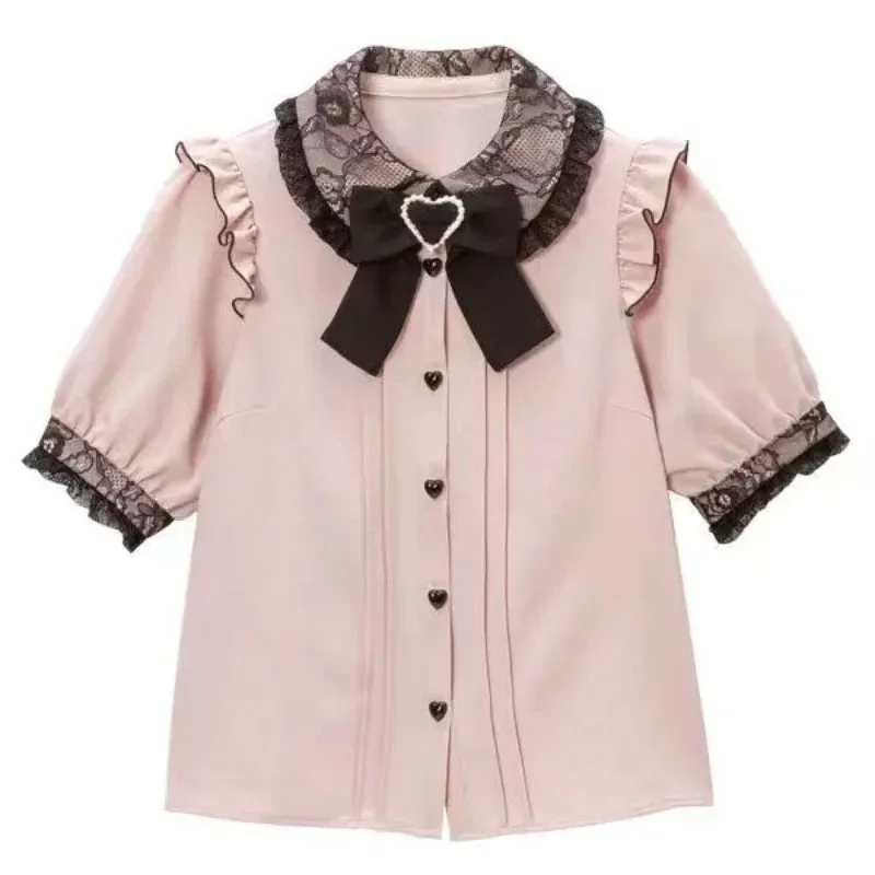 Jirai Kei Black Lace Ruffle Bow Button-Up Blouse — view 2 Jirai Kei Black Lace Ruffle Bow Button-Up Blouse — view 2