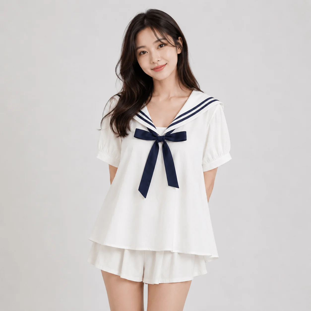 Sailor Moon Inspired Collar White Blue College Shirt Tie Women's Top — view 2 Sailor Moon Inspired Collar White Blue College Shirt Tie Women's Top — view 2