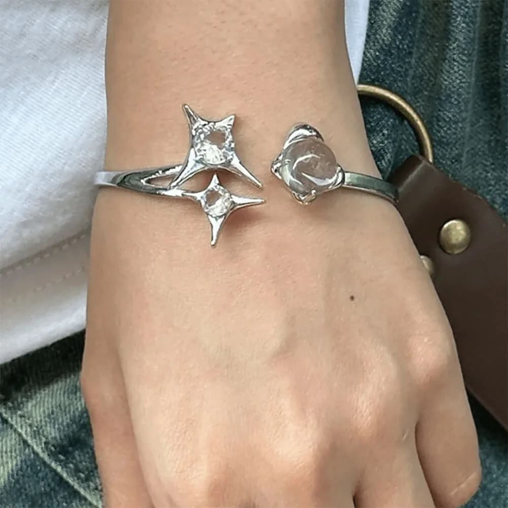 Silver Star and Crystal Open Bracelet — view 2 Silver Star and Crystal Open Bracelet — view 2