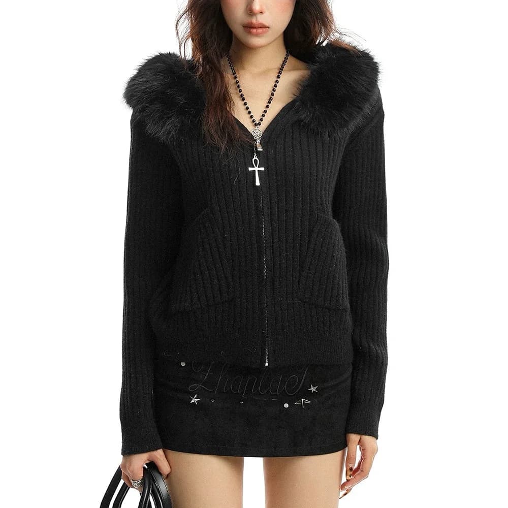 Y2K Style Fur Trim Zip Hoodie — view 2 Y2K Style Fur Trim Zip Hoodie — view 2