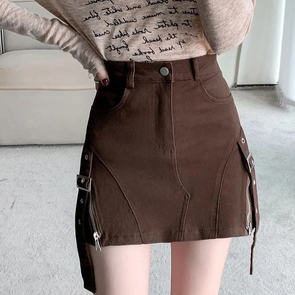 Brown Denim Buckle Skirt — view 2 Brown Denim Buckle Skirt — view 2