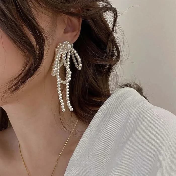 Coquette Bow Pearl Tassel Earrings — view 2 Coquette Bow Pearl Tassel Earrings — view 2