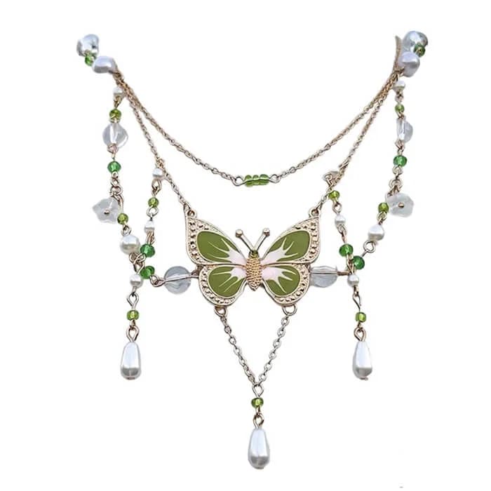 Green Butterfly Aesthetic Layered Necklace — view 1 Green Butterfly Aesthetic Layered Necklace — view 1