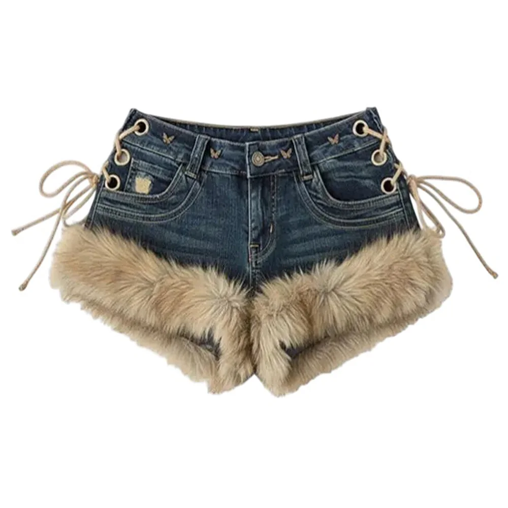 2000s Fur Trim Denim Shorts — view 1 2000s Fur Trim Denim Shorts — view 1