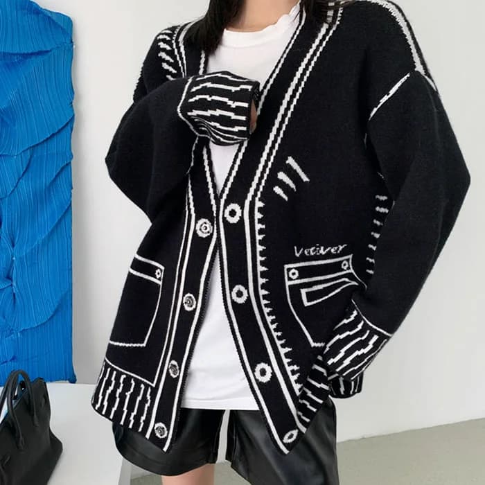 2D Cartoon Outline Knitted Cardigan — view 2 2D Cartoon Outline Knitted Cardigan — view 2