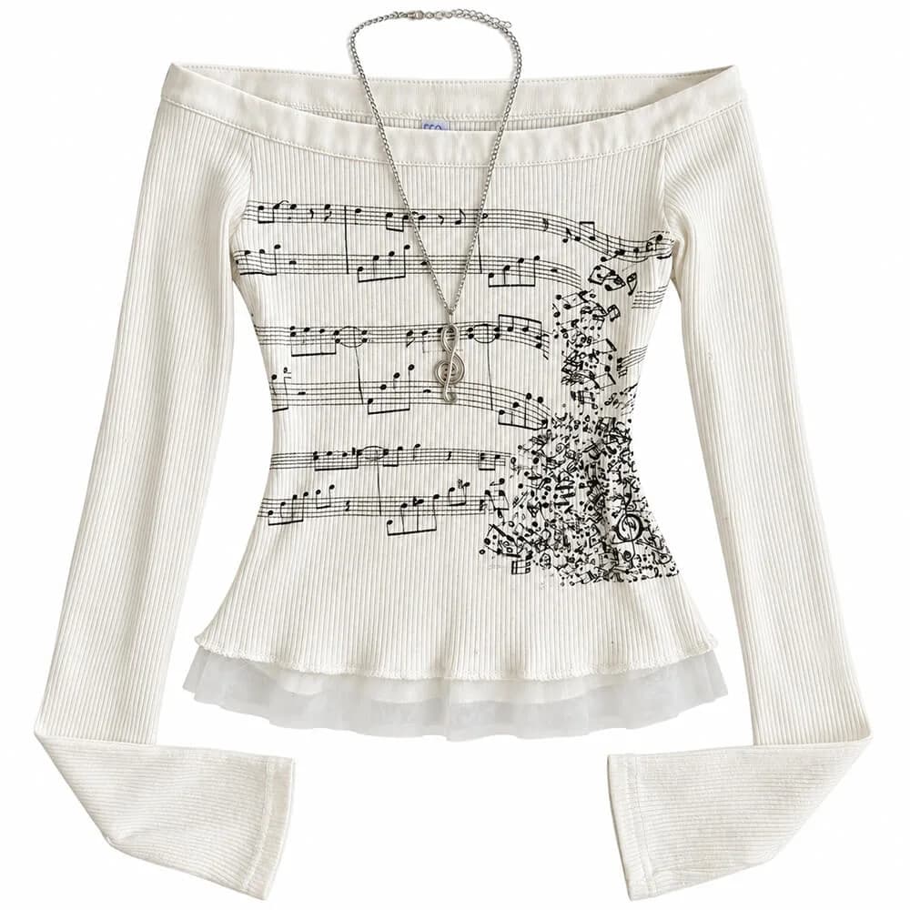 Music Note Off Shoulder Long Sleeve Top — view 1 Music Note Off Shoulder Long Sleeve Top — view 1