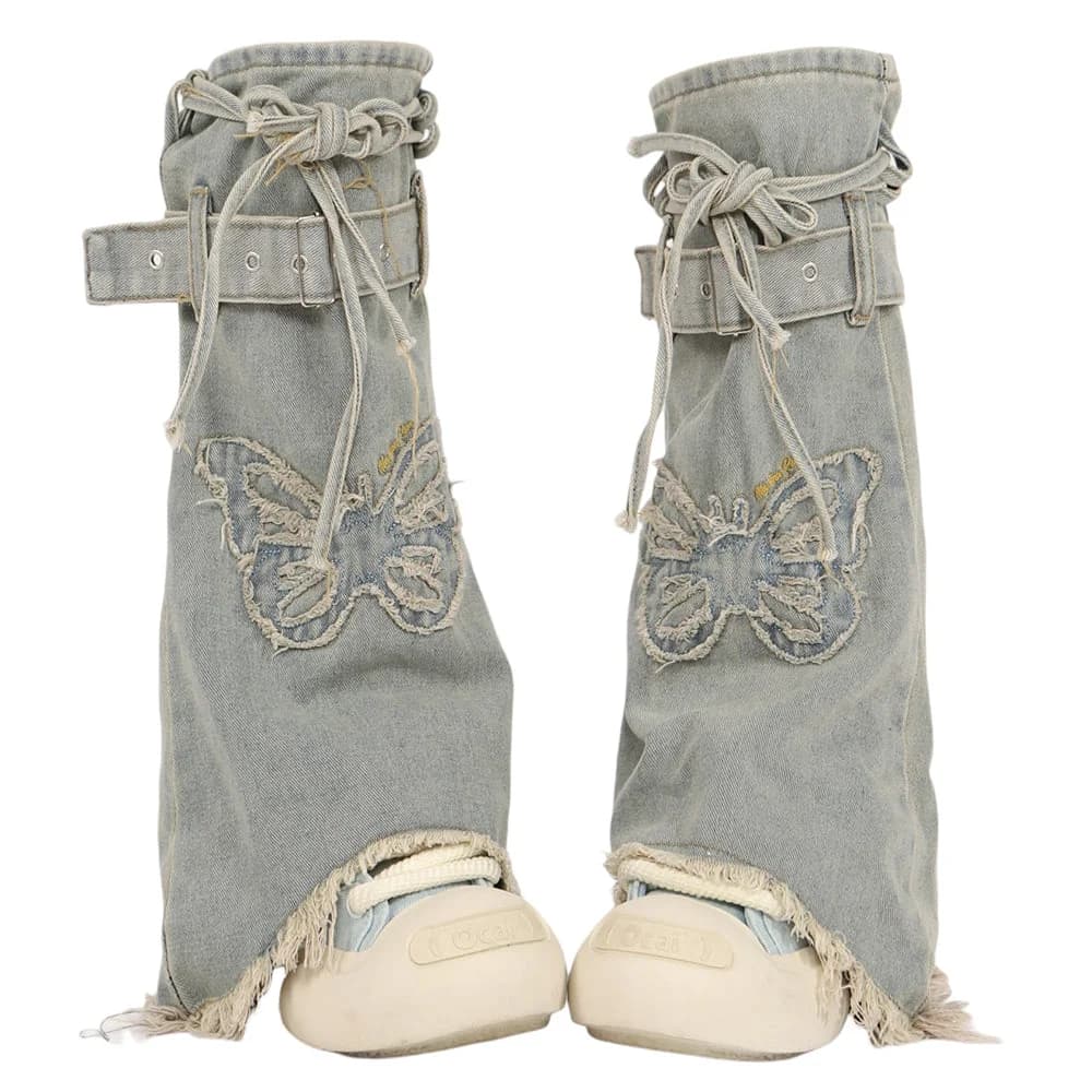 Butterfly Patch Y2K Denim Leg Warmers — view 1 Butterfly Patch Y2K Denim Leg Warmers — view 1