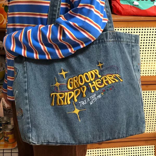 Groovy Trippy Heart Blue Denim Bag — view 2 Groovy Trippy Heart Blue Denim Bag — view 2