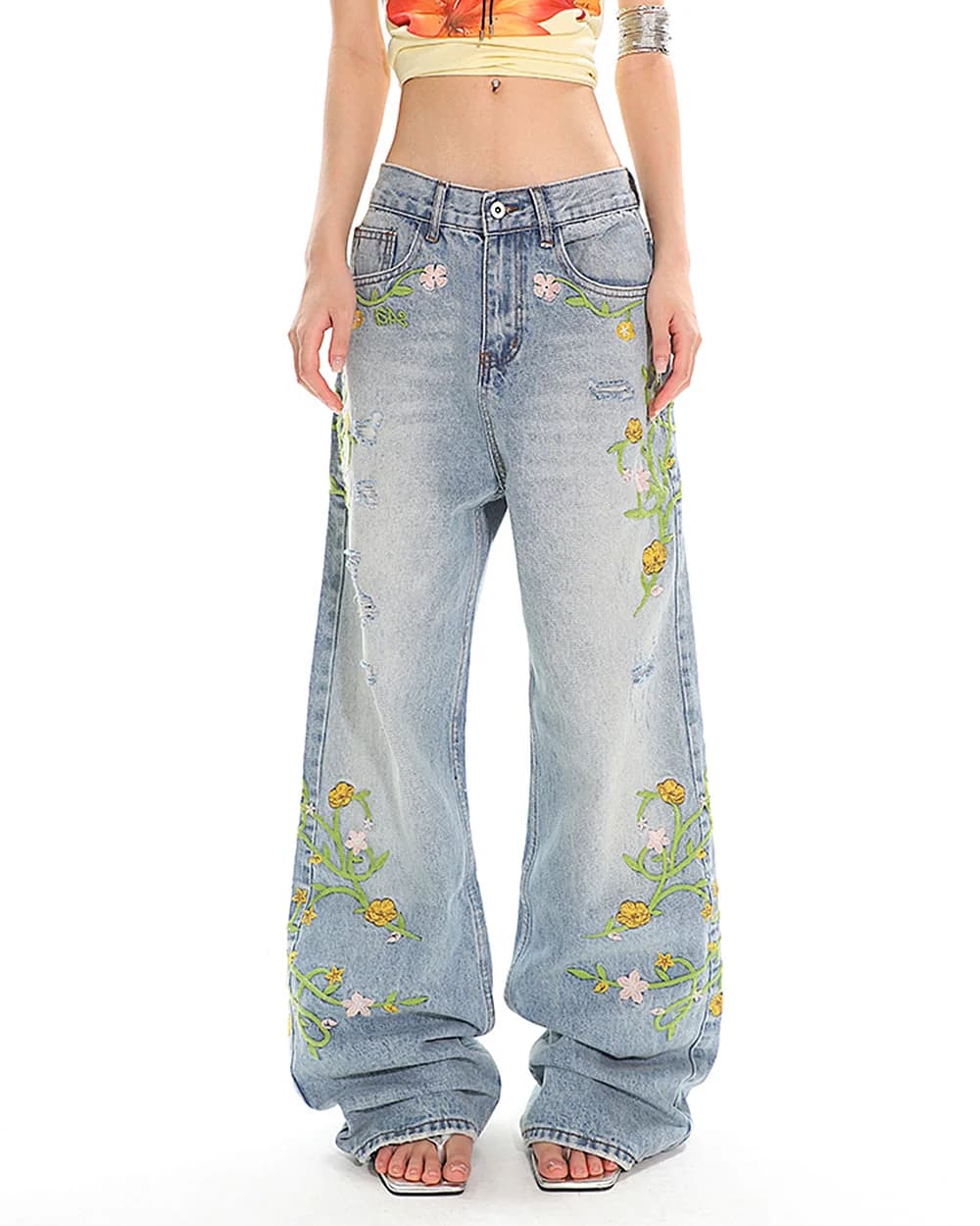 Floral Vine Fairycore Embroidery Jeans — view 2 Floral Vine Fairycore Embroidery Jeans — view 2