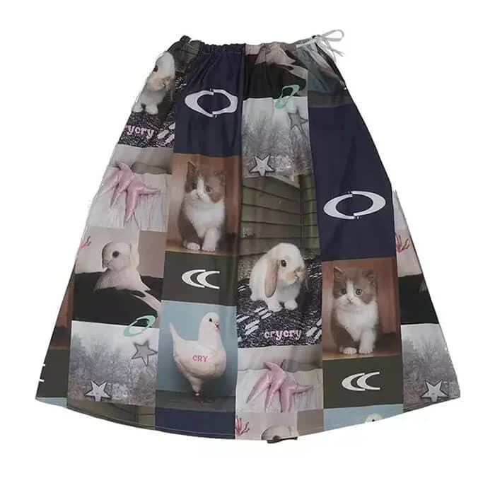 Rabbit & Cat Print Aesthetic Midi Skirt — view 1 Rabbit & Cat Print Aesthetic Midi Skirt — view 1