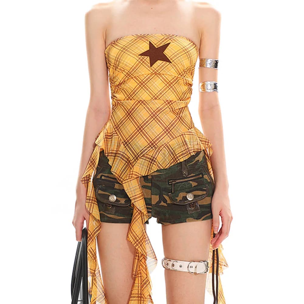 Y2K Star Plaid Asymmetric Tube Top — view 1 Y2K Star Plaid Asymmetric Tube Top — view 1