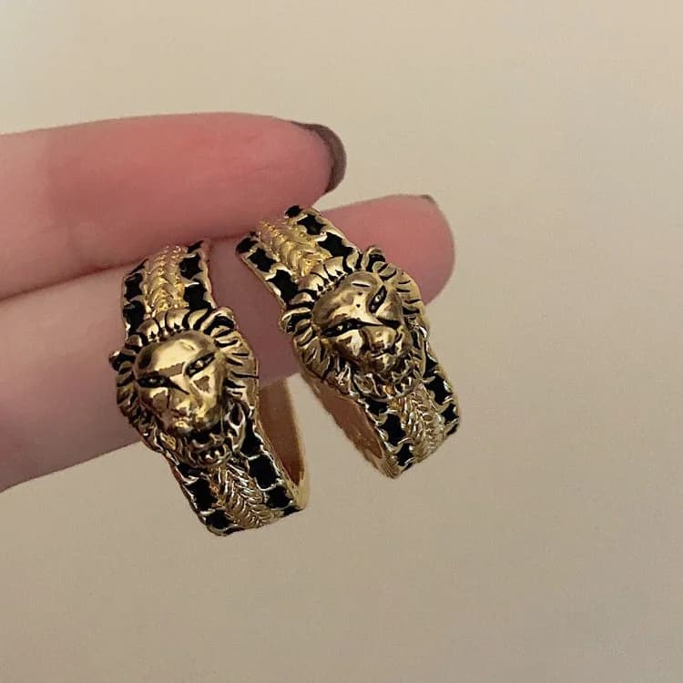 Vintage Style Lion Hoop Earrings — view 2 Vintage Style Lion Hoop Earrings — view 2