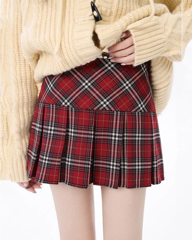 Red Plaid Grunge Pleated Skirt — view 2 Red Plaid Grunge Pleated Skirt — view 2