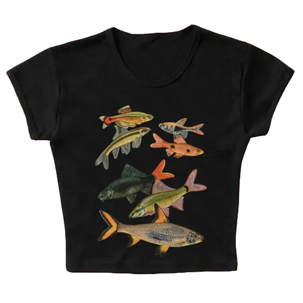 Fish Print Aesthetic Baby Tee — view 2 Fish Print Aesthetic Baby Tee — view 2