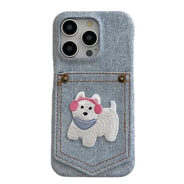 Dog Embroidered Denim iPhone Case — view 1 Dog Embroidered Denim iPhone Case — view 1