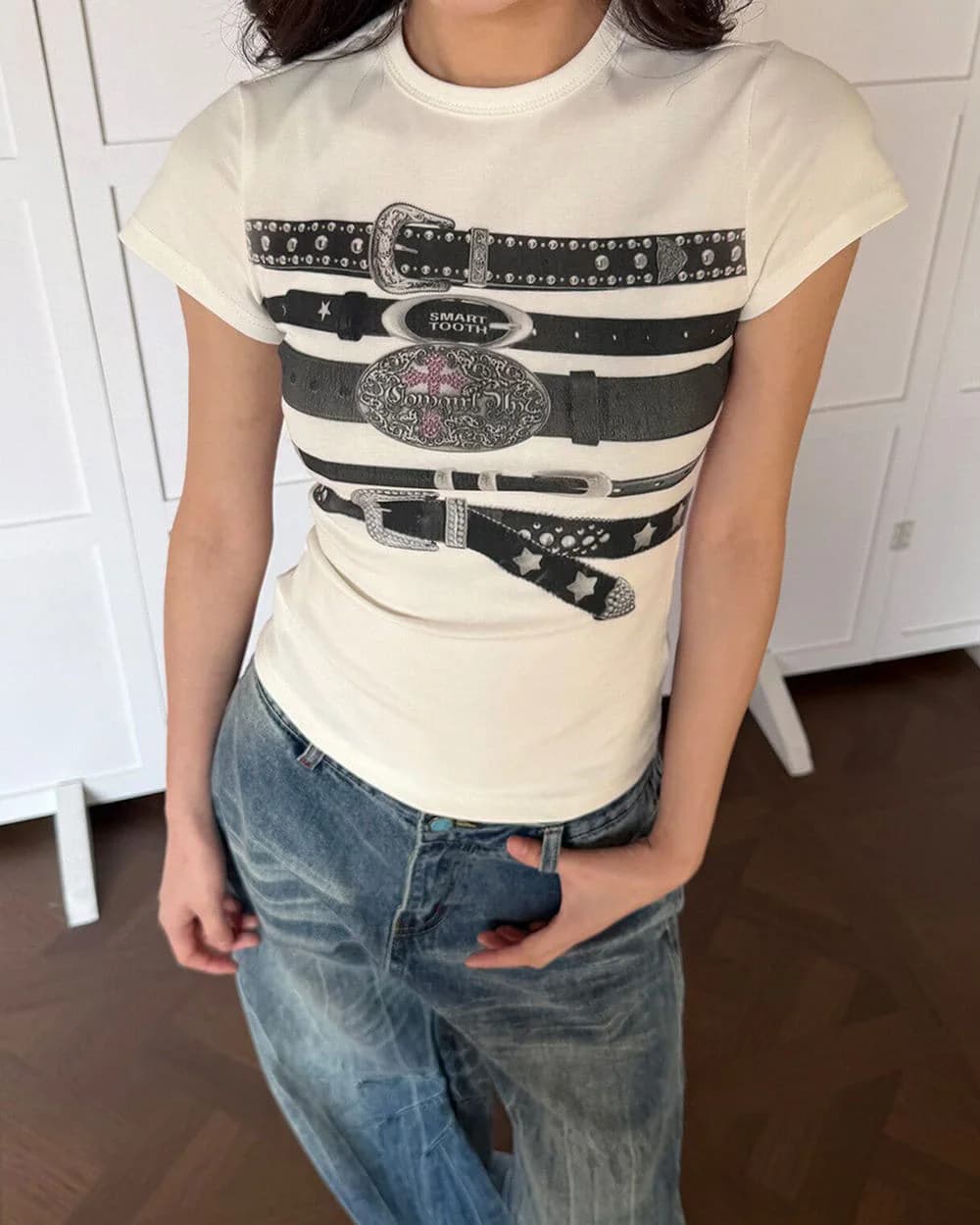Y2K Western Belt Print Tee — view 2 Y2K Western Belt Print Tee — view 2