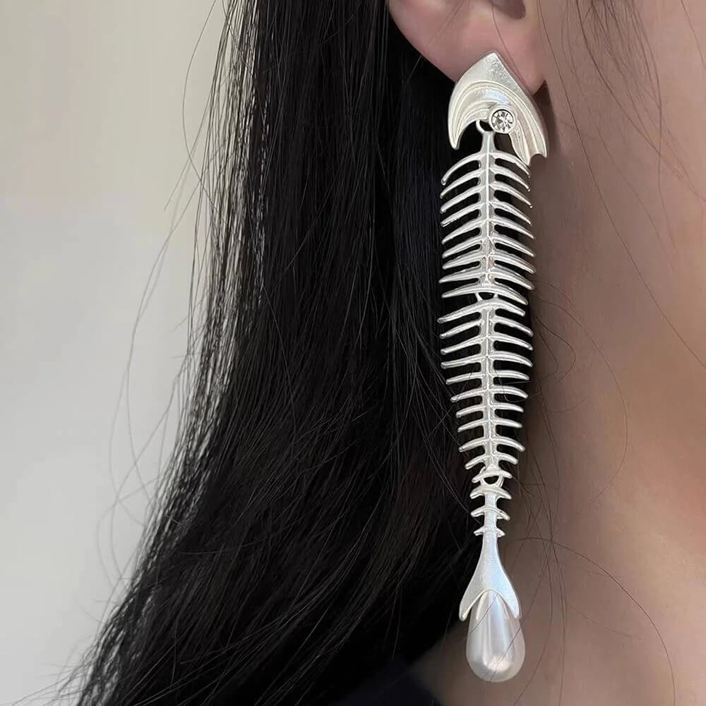 Pearl Drop Fishbone Earrings — view 2 Pearl Drop Fishbone Earrings — view 2