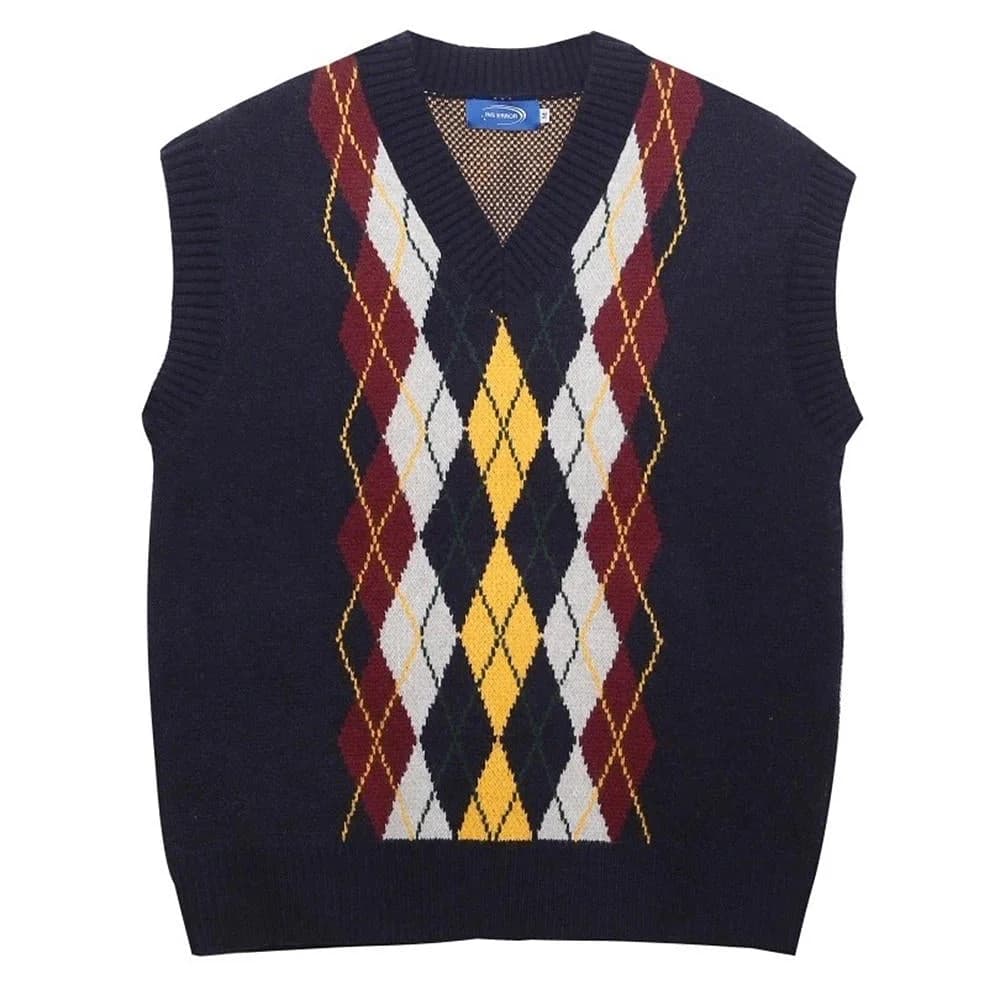 Oversized Argyle V-Neck Grandpa Knit Vest — view 1 Oversized Argyle V-Neck Grandpa Knit Vest — view 1