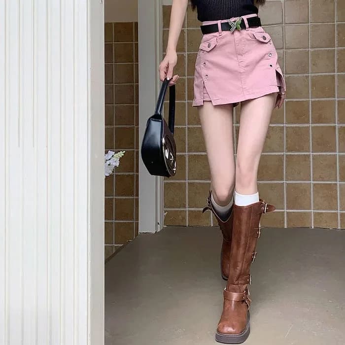 Pink Denim Skort with Butterfly Belt — view 3 Pink Denim Skort with Butterfly Belt — view 3