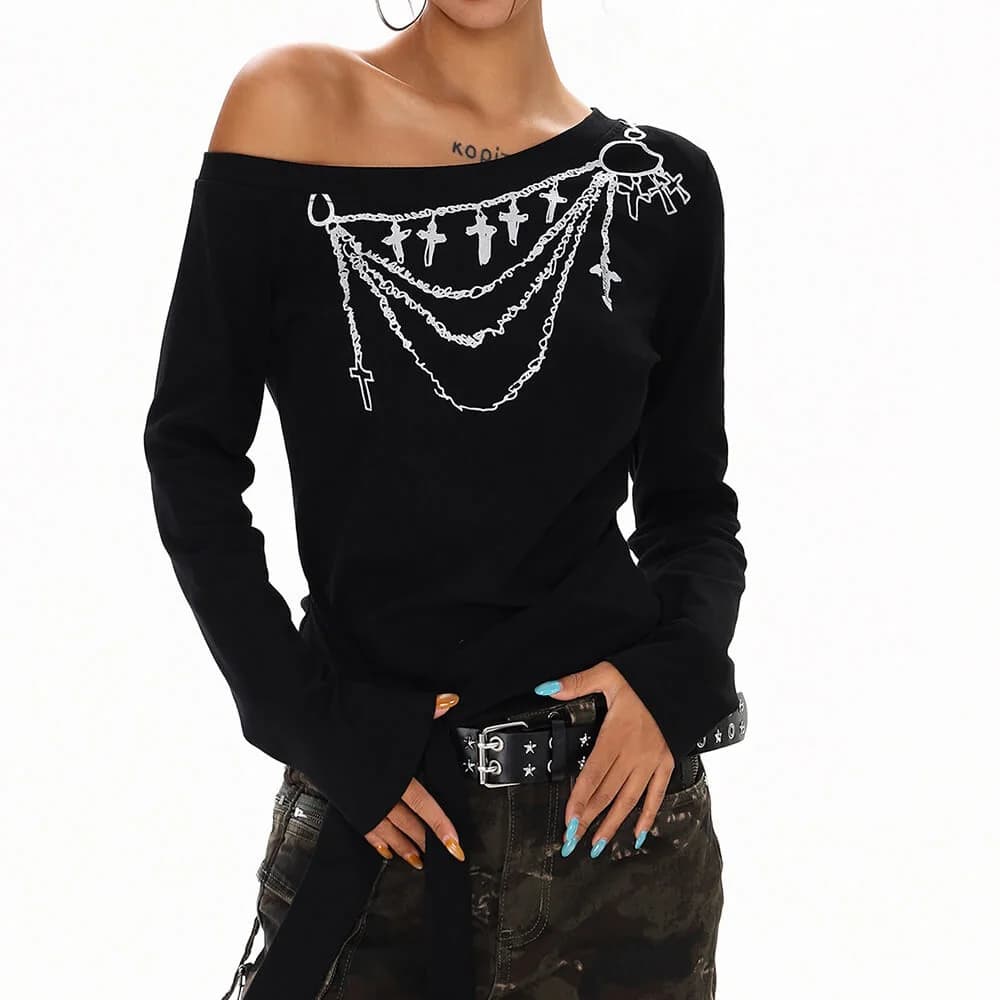 Cross Chain Print One-Shoulder Top — view 1 Cross Chain Print One-Shoulder Top — view 1