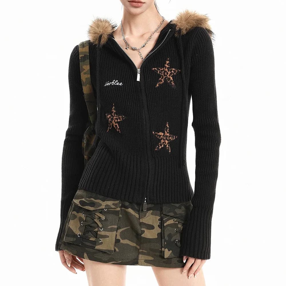 Y2K Star Fur Trim Zip Hoodie — view 3 Y2K Star Fur Trim Zip Hoodie — view 3