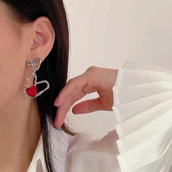 Red Stone Heart Earrings — view 2 Red Stone Heart Earrings — view 2
