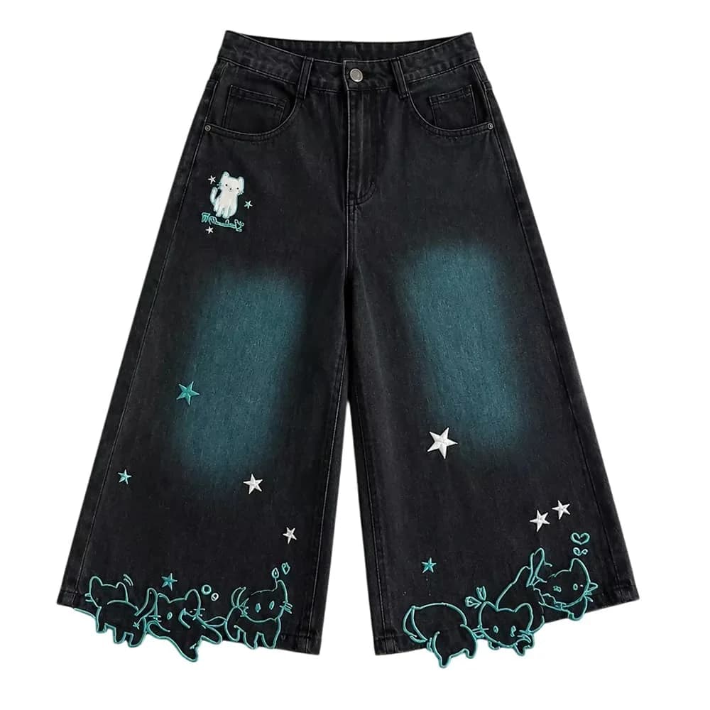 Cat Print Denim Shorts — view 1 Cat Print Denim Shorts — view 1