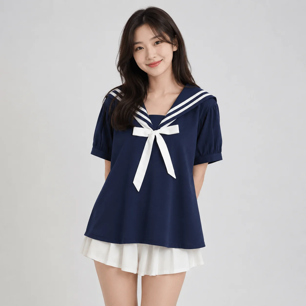 Sailor Moon Inspired Collar White Blue College Shirt Tie Women's Top — view 1 Sailor Moon Inspired Collar White Blue College Shirt Tie Women's Top — view 1