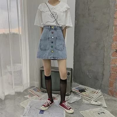 Colorful Button Denim Skirt — view 2 Colorful Button Denim Skirt — view 2